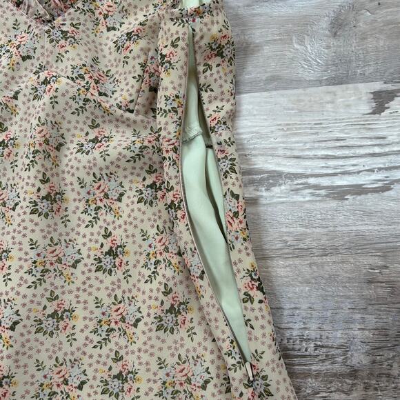 Y2K Express Floral Mini Dress Beige Pink Green Ruffle Trim Cottagecore M - Picture 3 of 6